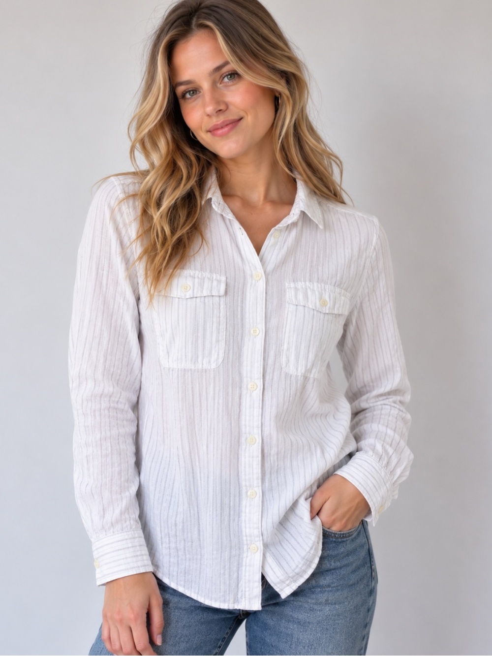 Eddie Bauer XS Linen Cotton Button Down Shirt Coastal Grandmother Quiet Luxury